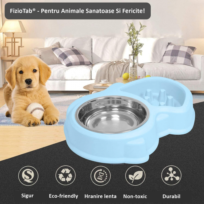Set Castron 2 in 1, Hranire Lenta si Bol pentru Apa, FizioTab® si 2 Pungi Igienice, pentru Caini de Talie Mica si Medie, Albastru [4]