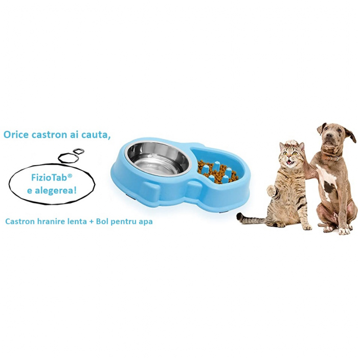 Set Castron 2 in 1, Hranire Lenta si Bol pentru Apa, FizioTab® si 2 Pungi Igienice, pentru Caini de Talie Mica si Medie, Albastru [9]