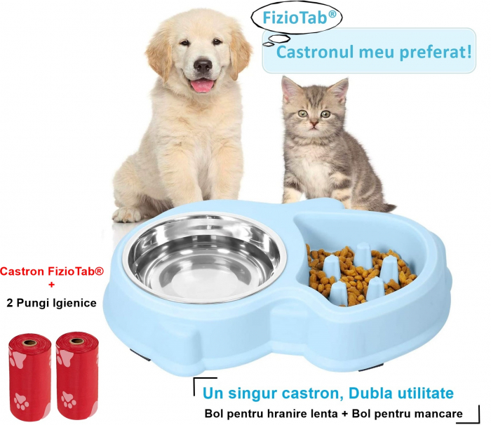 Set Castron 2 in 1, Hranire Lenta si Bol pentru Apa, FizioTab® si 2 Pungi Igienice, pentru Caini de Talie Mica si Medie, Albastru [3]