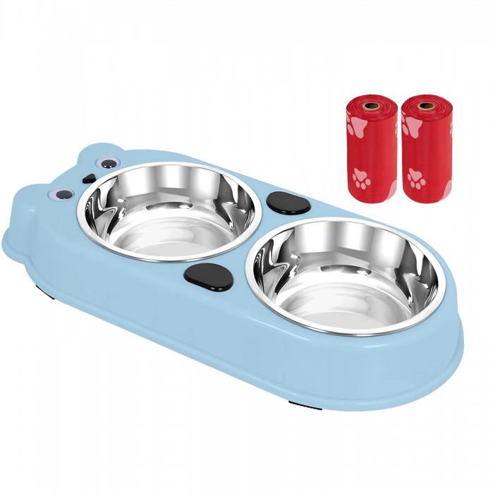 Set Castron Hranire FizioTab® Panda cu 2 Boluri de Inox si 2 Pungi Igienice, pentru Pisici si Caini de Talie Mica, Albastru [1]