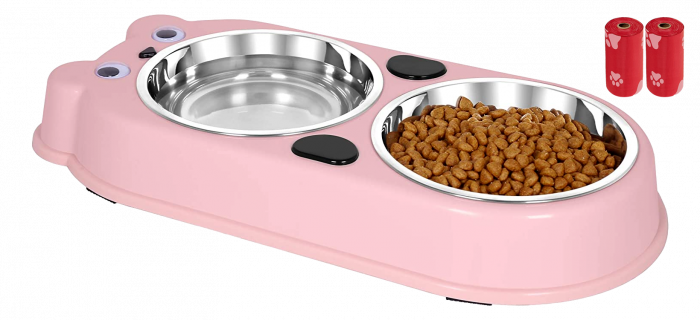 Set Castron Hranire FizioTab® Panda cu 2 Boluri de Inox si 2 Pungi Igienice, pentru Pisici si Caini de Talie Mica, Roz [1]