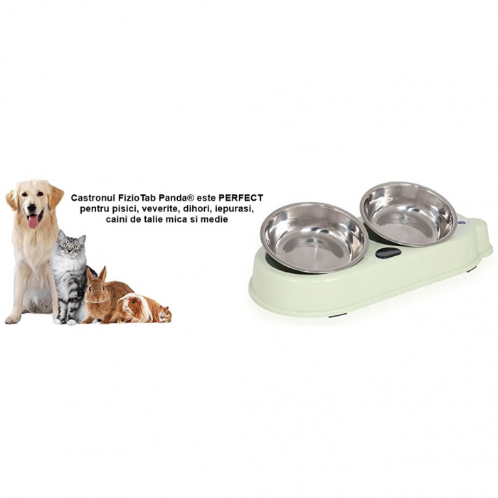 Set Castron Hranire FizioTab® Panda cu 2 Boluri de Inox si 2 Pungi Igienice, pentru Pisici si Caini de Talie Mica, Verde [8]