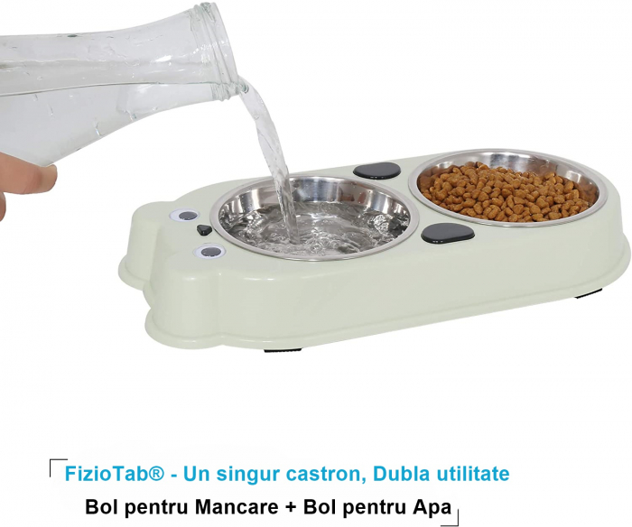 Set Castron Hranire FizioTab® Panda cu 2 Boluri de Inox si 2 Pungi Igienice, pentru Pisici si Caini de Talie Mica, Verde [2]