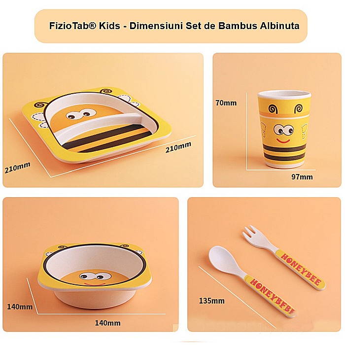 Set de masa si tacamuri pentru copii din fibra de bambus, farfurie 2 compartimente, FizioTab Kids, Albinuta [4]