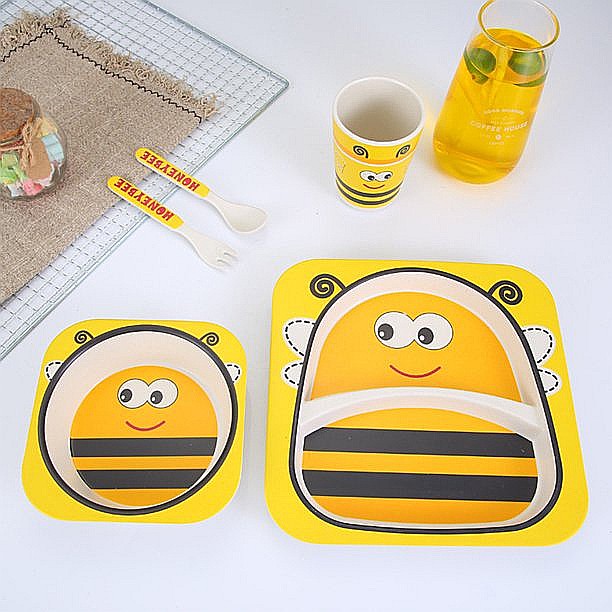 Set de masa si tacamuri pentru copii din fibra de bambus, farfurie 2 compartimente, FizioTab Kids, Albinuta [8]