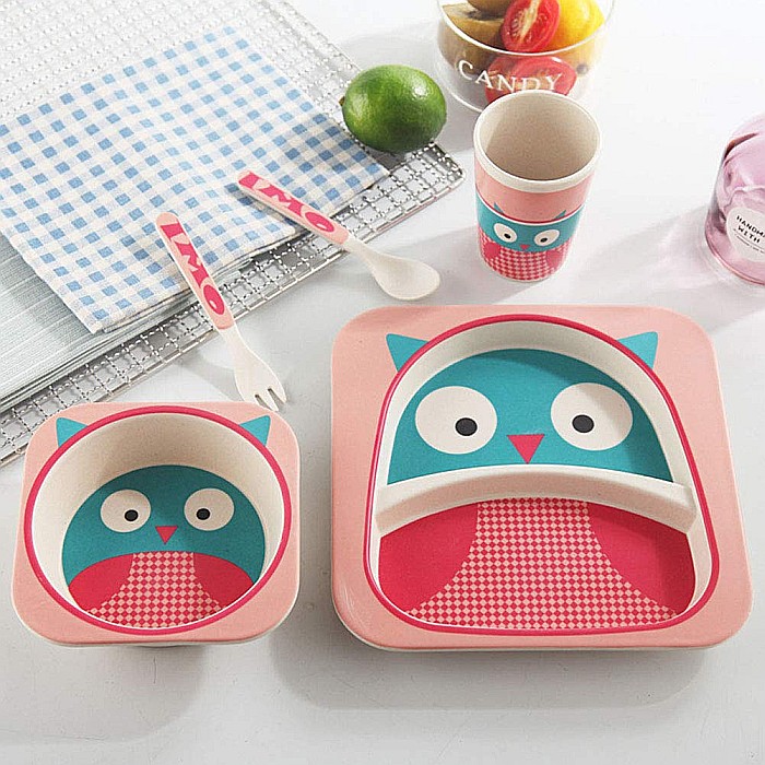 Set de masa si tacamuri pentru copii din fibra de bambus, farfurie 2 compartimente, FizioTab Kids BBOwl [5]