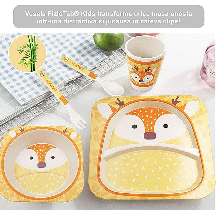 Set de masa si tacamuri pentru copii din fibra de bambus, farfurie 2 compartimente, FizioTab Kids, Caprioara [5]