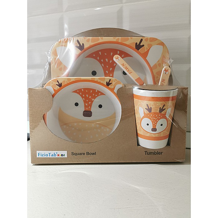Set de masa si tacamuri pentru copii din fibra de bambus, farfurie 2 compartimente, FizioTab Kids, Caprioara [8]