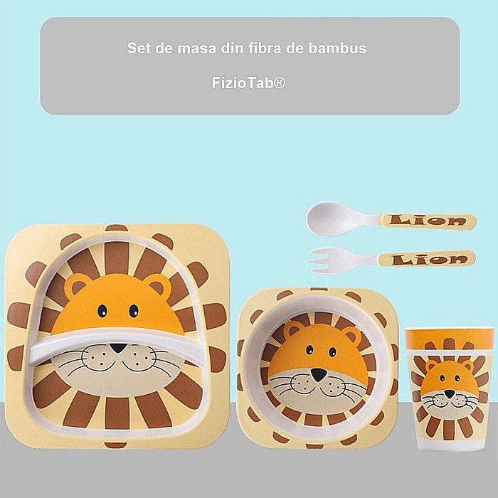 Set de masa si tacamuri pentru copii din fibra de bambus, farfurie 2 compartimente, FizioTab Kids, Leu [11]