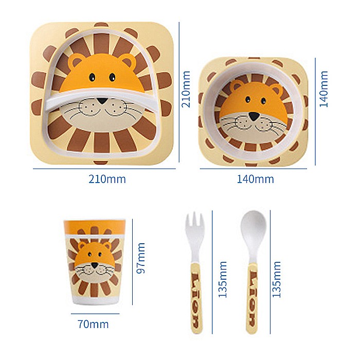 Set de masa si tacamuri pentru copii din fibra de bambus, farfurie 2 compartimente, FizioTab Kids, Leu [9]