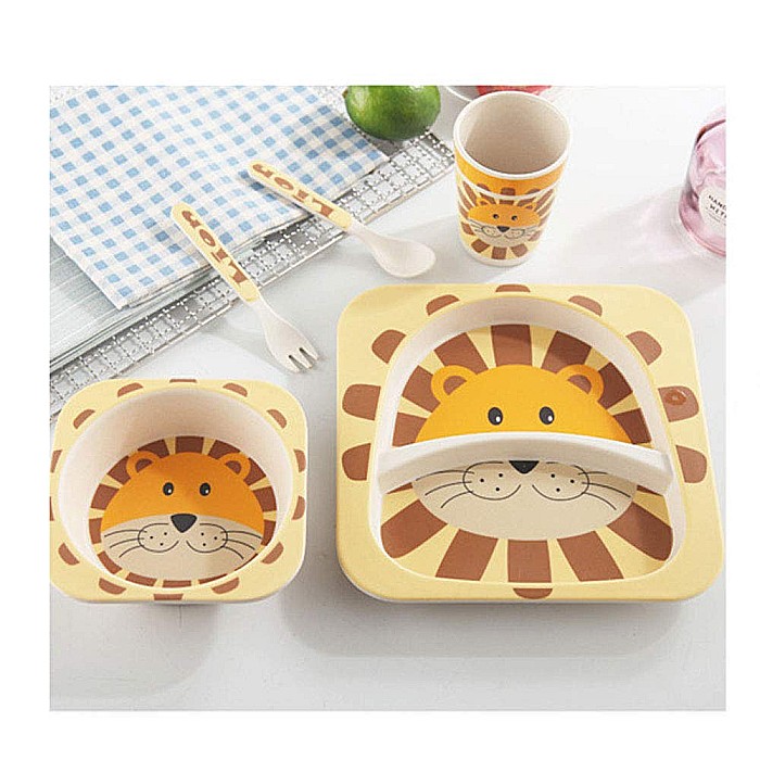 Set de masa si tacamuri pentru copii din fibra de bambus, farfurie 2 compartimente, FizioTab Kids, Leu [4]