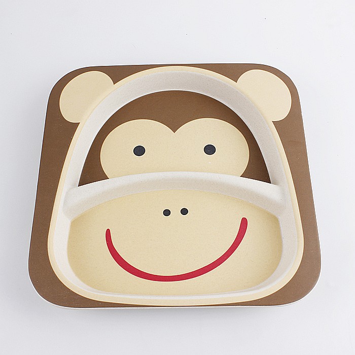 Set de masa si tacamuri pentru copii din fibra de bambus, farfurie 2 compartimente, FizioTab Kids, Maimuta [6]