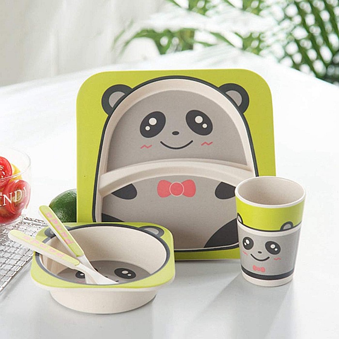 Set de masa si tacamuri pentru copii din fibra de bambus, farfurie 2 compartimente, FizioTab Kids, Panda [5]