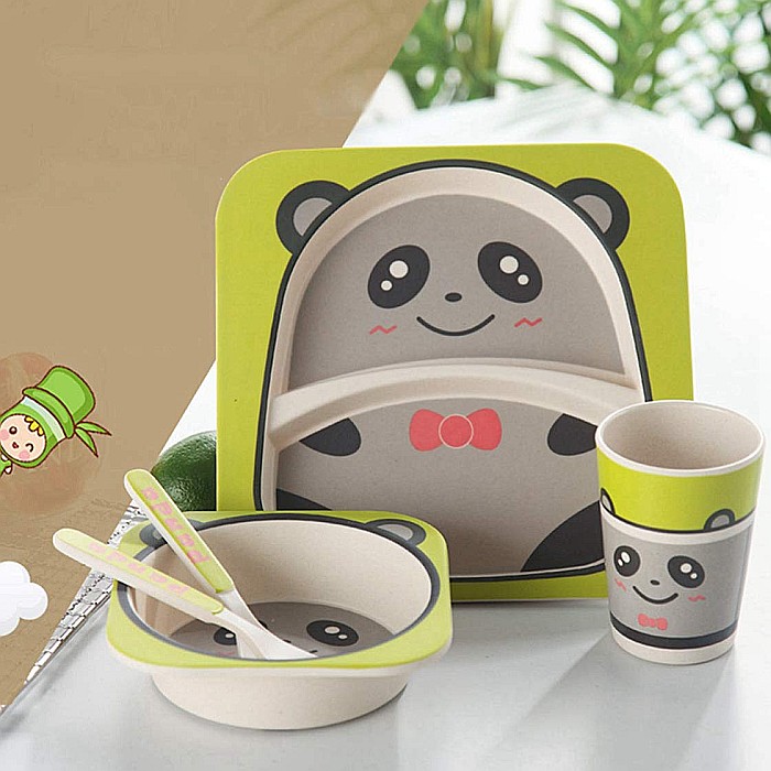 Set de masa si tacamuri pentru copii din fibra de bambus, farfurie 2 compartimente, FizioTab Kids, Panda [4]