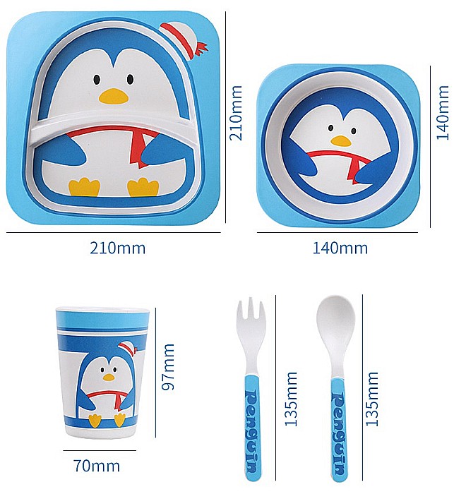 Set de masa si tacamuri pentru copii din fibra de bambus, farfurie 2 compartimente, FizioTab Kids, Pinguin [5]