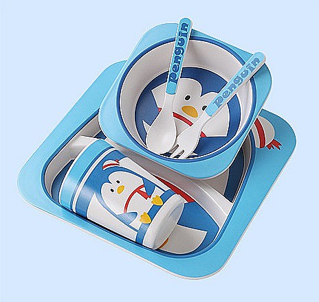 Set de masa si tacamuri pentru copii din fibra de bambus, farfurie 2 compartimente, FizioTab Kids, Pinguin [9]