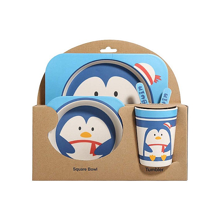 Set de masa si tacamuri pentru copii din fibra de bambus, farfurie 2 compartimente, FizioTab Kids, Pinguin [2]
