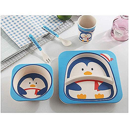 Set de masa si tacamuri pentru copii din fibra de bambus, farfurie 2 compartimente, FizioTab Kids, Pinguin [4]