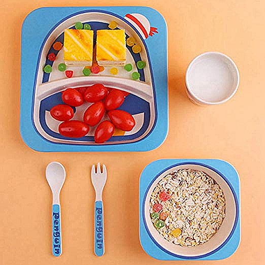 Set de masa si tacamuri pentru copii din fibra de bambus, farfurie 2 compartimente, FizioTab Kids, Pinguin [3]