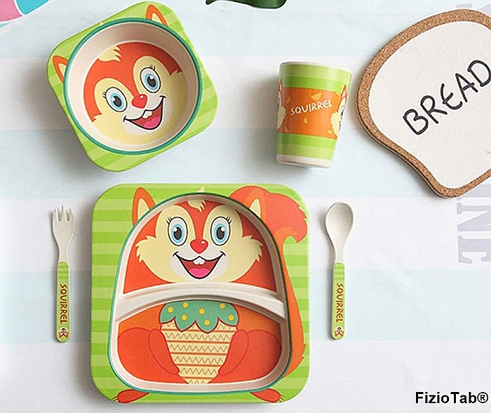 Set de masa si tacamuri pentru copii din fibra de bambus, farfurie 2 compartimente, FizioTab Kids Veverita [7]