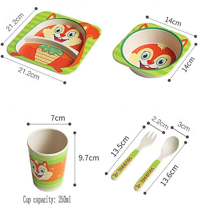 Set de masa si tacamuri pentru copii din fibra de bambus, farfurie 2 compartimente, FizioTab Kids Veverita [4]