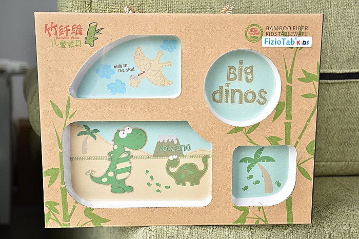 Set de masa si tacamuri pentru copii din fibra de bambus, farfurie 4 compartimente, FizioTab Kids, Big Dinos [4]