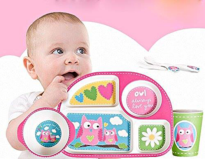 Set de masa si tacamuri pentru copii din fibra de bambus, farfurie 4 compartimente, FizioTab Kids, Bufnita [3]