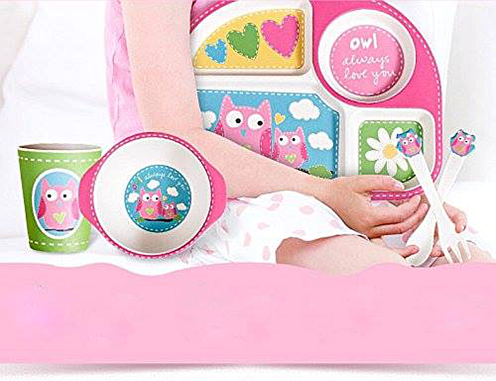 Set de masa si tacamuri pentru copii din fibra de bambus, farfurie 4 compartimente, FizioTab Kids, Bufnita [2]