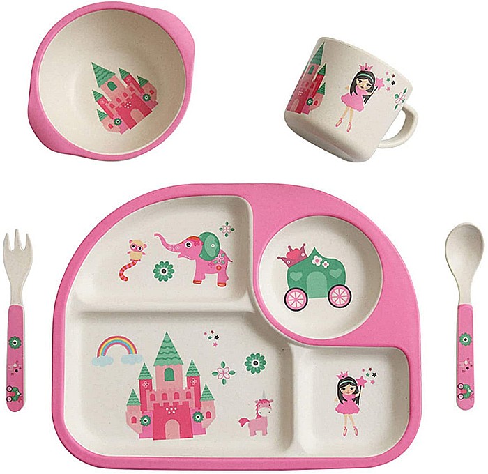 Set de masa si tacamuri pentru copii din fibra de bambus, farfurie 4 compartimente, FizioTab Kids, Castel [5]