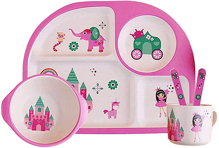 Set de masa si tacamuri pentru copii din fibra de bambus, farfurie 4 compartimente, FizioTab Kids, Castel [4]