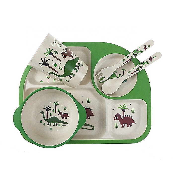 Set de masa si tacamuri pentru copii din fibra de bambus, farfurie 4 compartimente, FizioTab Kids, Dinosaur [3]