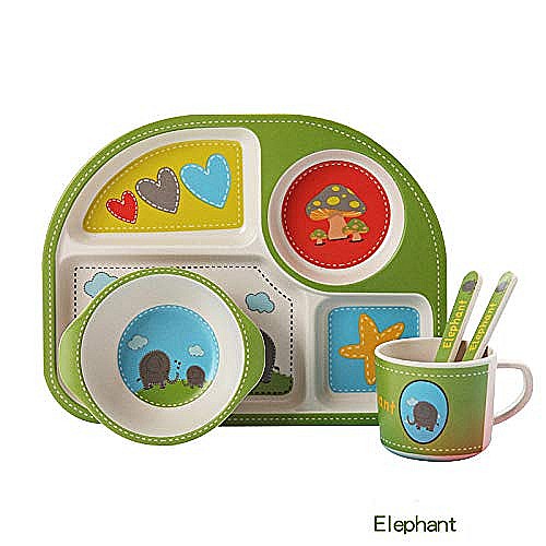 Set de masa si tacamuri pentru copii din fibra de bambus, farfurie 4 compartimente, FizioTab Kids, Elefant [2]