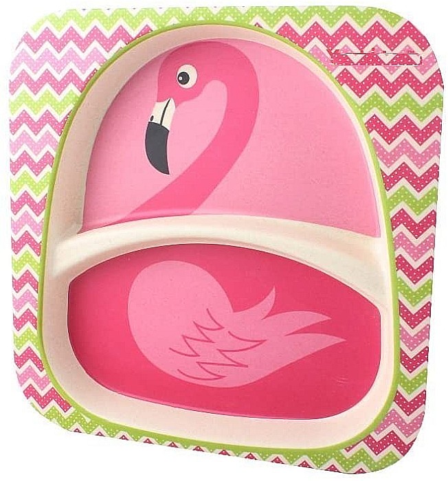 Set de masa si tacamuri pentru copii din fibra de bambus, farfurie cu 2 compartimente, FizioTab Kids, Flamingo [13]
