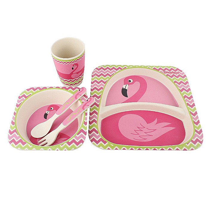 Set de masa si tacamuri pentru copii din fibra de bambus, farfurie cu 2 compartimente, FizioTab Kids, Flamingo [9]