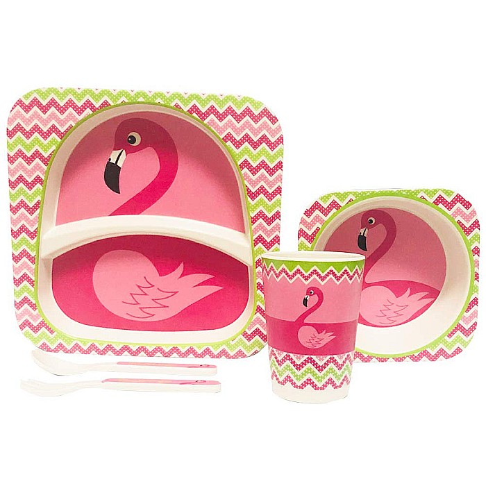Set de masa si tacamuri pentru copii din fibra de bambus, farfurie cu 2 compartimente, FizioTab Kids, Flamingo [6]