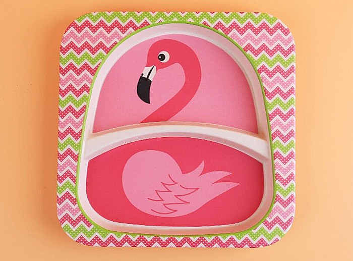 Set de masa si tacamuri pentru copii din fibra de bambus, farfurie cu 2 compartimente, FizioTab Kids, Flamingo [4]