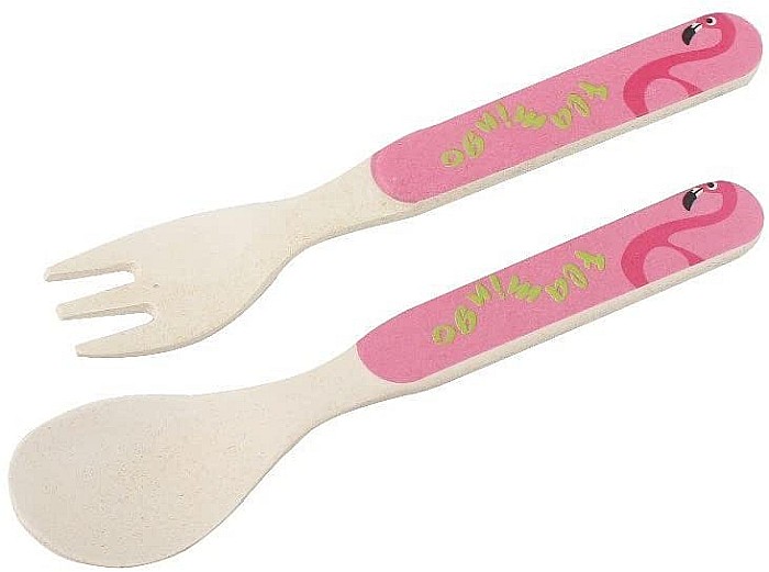 Set de masa si tacamuri pentru copii din fibra de bambus, farfurie cu 2 compartimente, FizioTab Kids, Flamingo [12]