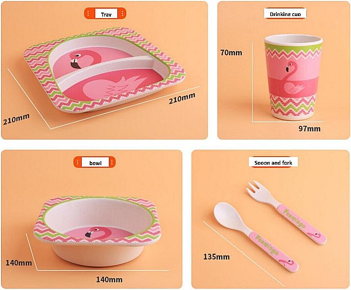 Set de masa si tacamuri pentru copii din fibra de bambus, farfurie cu 2 compartimente, FizioTab Kids, Flamingo [2]