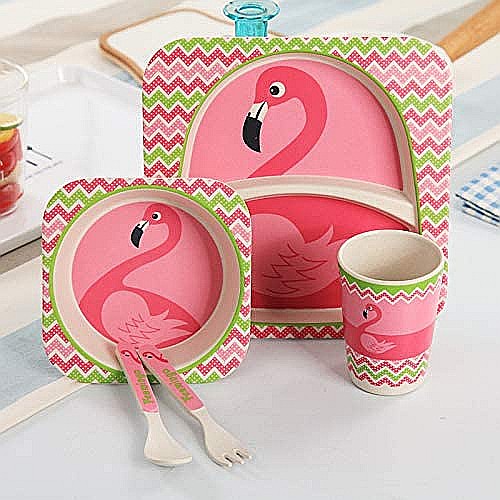 Set de masa si tacamuri pentru copii din fibra de bambus, farfurie cu 2 compartimente, FizioTab Kids, Flamingo [11]