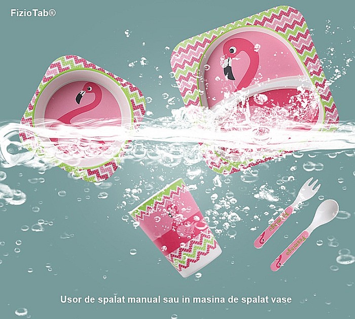 Set de masa si tacamuri pentru copii din fibra de bambus, farfurie cu 2 compartimente, FizioTab Kids, Flamingo [8]