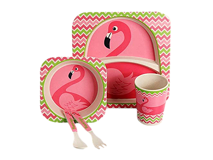 Set de masa si tacamuri pentru copii din fibra de bambus, farfurie cu 2 compartimente, FizioTab Kids, Flamingo [7]