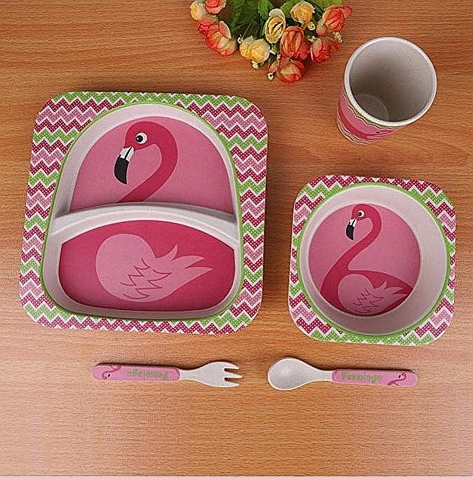 Set de masa si tacamuri pentru copii din fibra de bambus, farfurie cu 2 compartimente, FizioTab Kids, Flamingo [14]