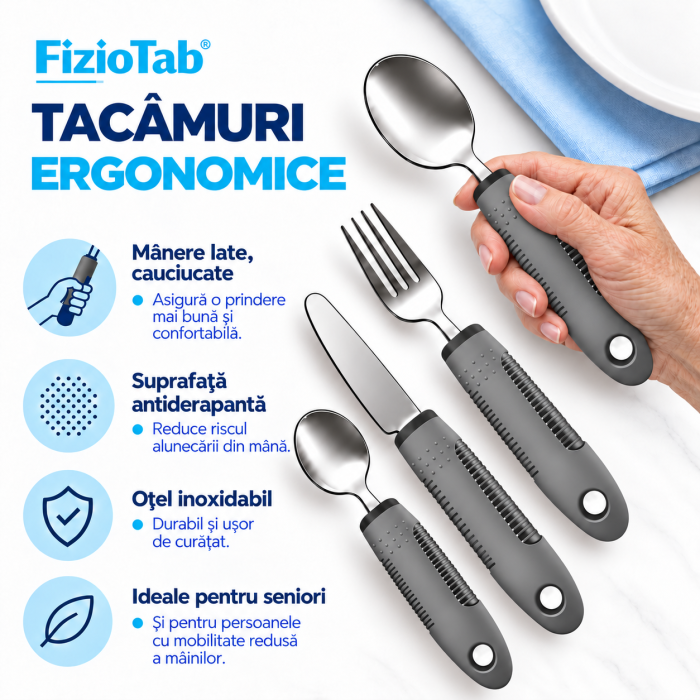 Set Tacamuri Ergonomice FizioTab® Pentru Seniori, Persoane cu Dizabilitati, Maner Cauciucat Lat , Antiderapant, 4 piese, Gri [2]
