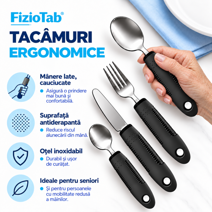 Set Tacamuri Ergonomice FizioTab® Pentru Seniori, Persoane cu Dizabilitati, Maner Cauciucat Lat , Antiderapant, 4 piese, Negru [2]
