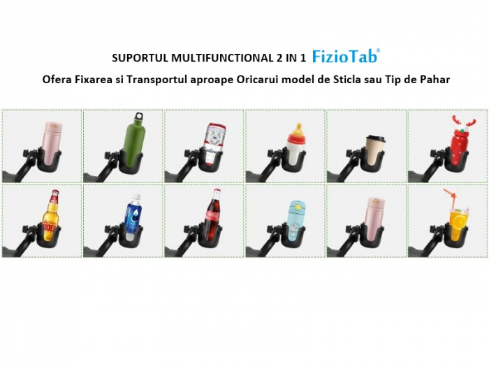Suport Pahar Universal FizioTab® pentru Biberon, Telefon pentru Carucior, Bicicleta, 2 in 1, Prindere 360°, Rezistent si Stabil, Negru [10]