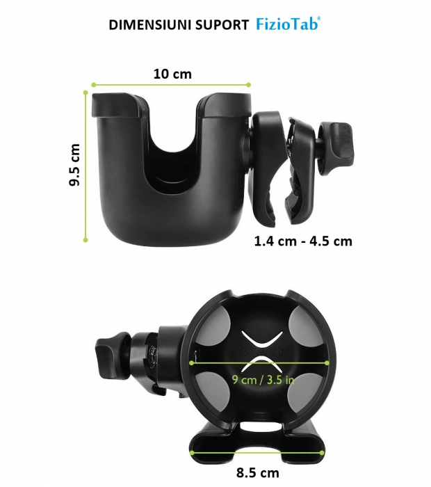 Suport Pahar Universal FizioTab® pentru Biberon, Telefon pentru Carucior, Bicicleta, 2 in 1, Prindere 360°, Rezistent si Stabil, Negru [8]