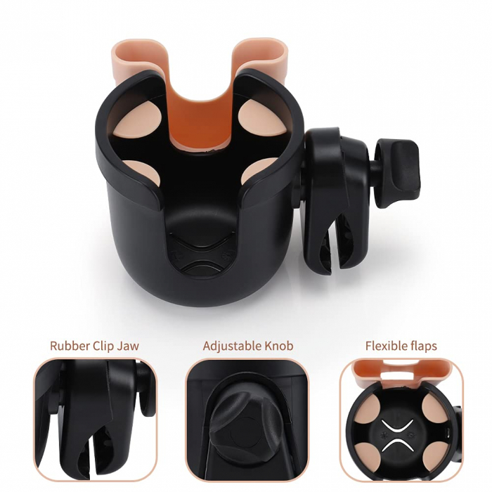 Suport Pahar Universal FizioTab® pentru Biberon, Telefon pentru Carucior, Bicicleta, 2 in 1, Prindere 360°, Rezistent si Stabil, Negru cu Roz Perlat [6]