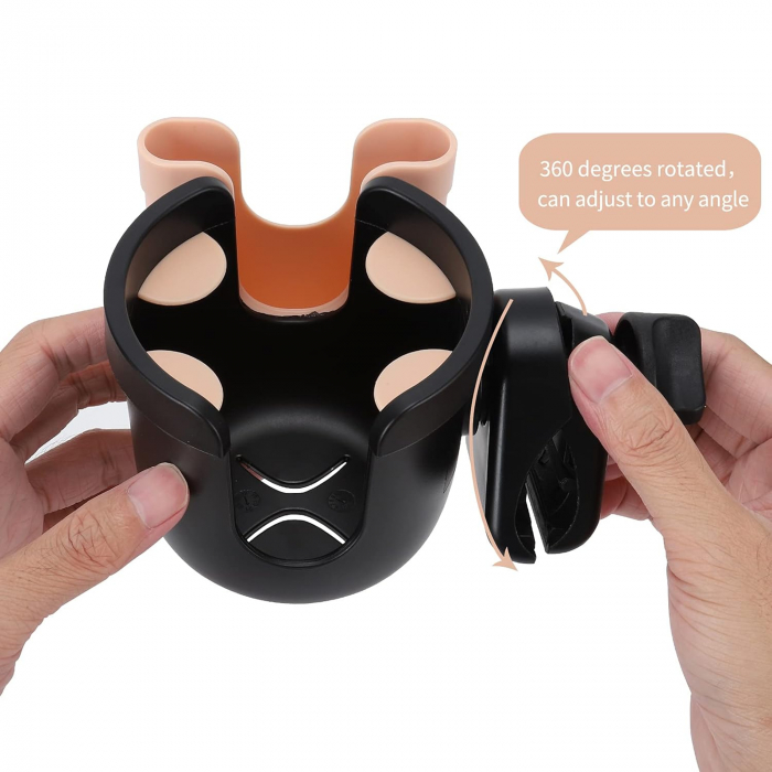 Suport Pahar Universal FizioTab® pentru Biberon, Telefon pentru Carucior, Bicicleta, 2 in 1, Prindere 360°, Rezistent si Stabil, Negru cu Roz Perlat [5]