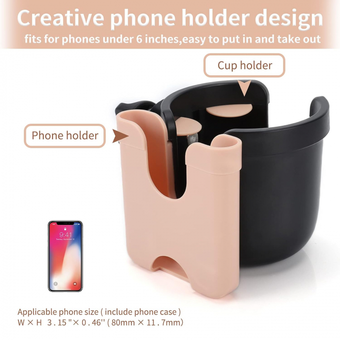 Suport Pahar Universal FizioTab® pentru Biberon, Telefon pentru Carucior, Bicicleta, 2 in 1, Prindere 360°, Rezistent si Stabil, Negru cu Roz Perlat [3]