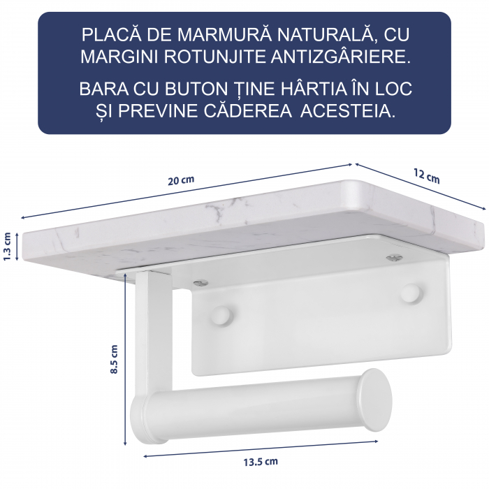 Suport Rola Hartie Igienica FizioTab® din Metal cu Raft din Marmura pentru Depozitare Telefon, Servetele sau alte Accesorii, Alb/Alb [4]